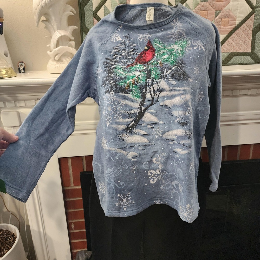 Endless Designs Dusty Blue Cardinal Bird Winter Sweatshirt Small Y2K Graphic